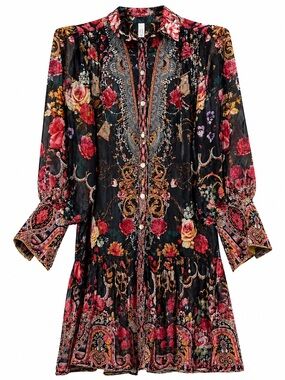 Kelly Obi Dress Semi Sheer Boho Tunic Floral Paisley Ruffle Hem-size M